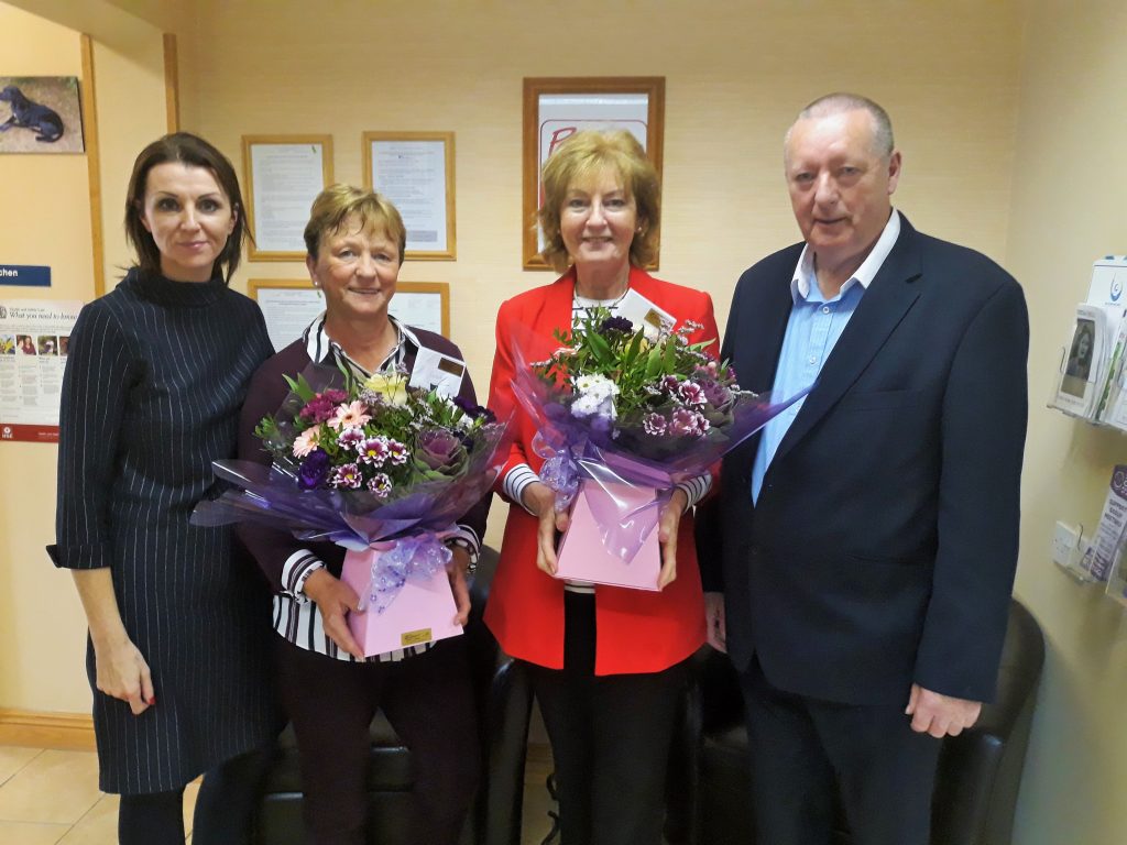 Karen Mc Partland (Manager), Bernie McGovern (18 years Service), Marie McGuinness ( 21 years service)  and Kevin McGill ( chair person)